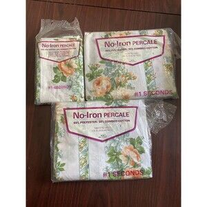 VTG #1 Seconds Percale Twin Fitted Sheets 2 Pillow Cases Floral Stripe Orange